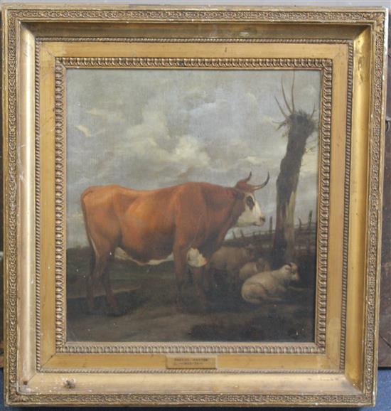 Attributed to Paulus Potter (1625-1654) Bull and sheep in a landscape, 13 x 12in.